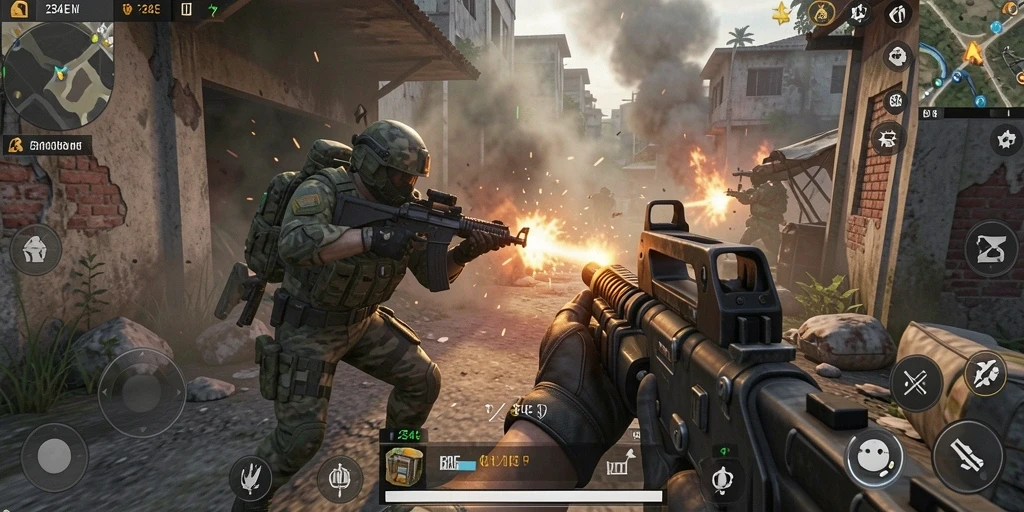 Screenshot gameplay menegangkan dari 234E dengan aksi pertempuran seru.