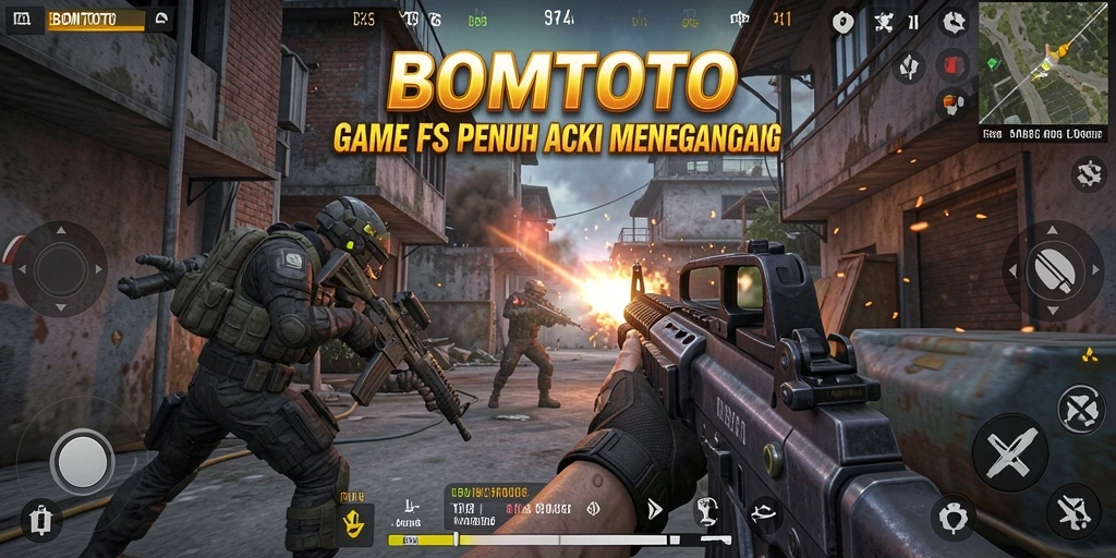 Tampilan gameplay intens dari BOMTOTO saat menembak musuh.