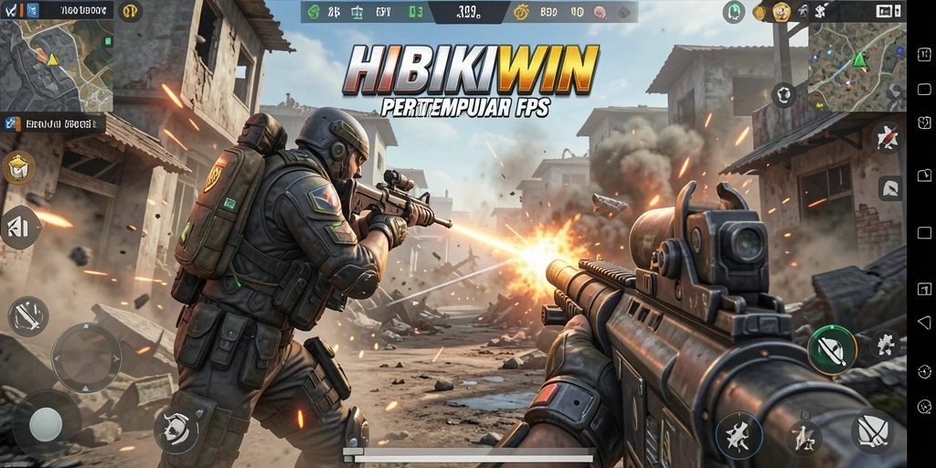 Screenshot HIBIKIWIN menampilkan gameplay FPS yang intens.