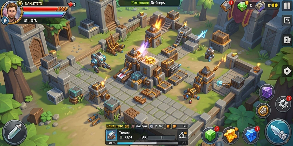 Screenshot gameplay NANASTOTO menampilkan aksi menara pertahanan yang seru.