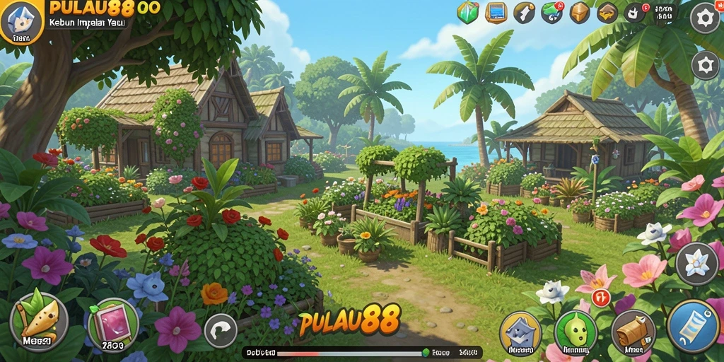 Tangkapan layar dari gameplay PULAU88 yang menampilkan kebun yang indah.
