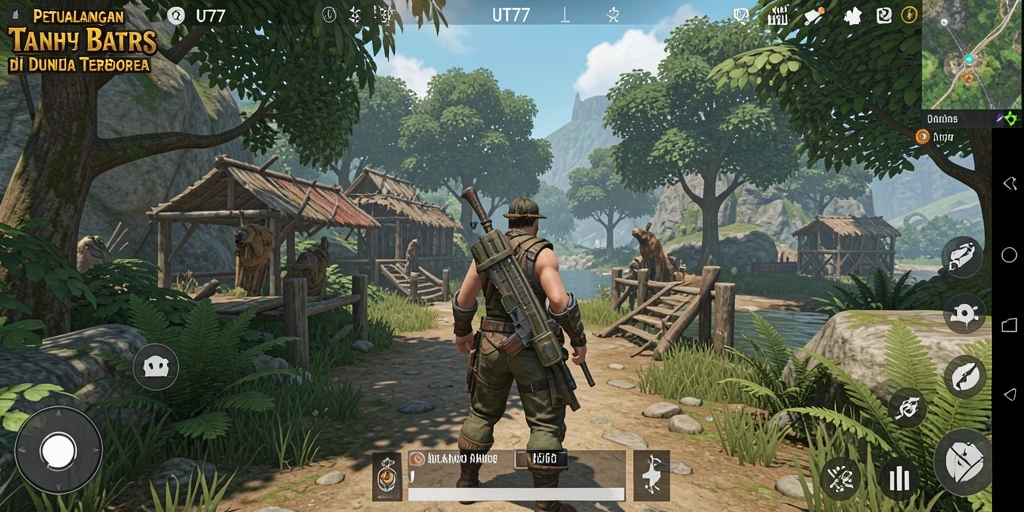 Screenshot gameplay UT77 menunjukkan karakter menjelajahi dunia terbuka yang luas.